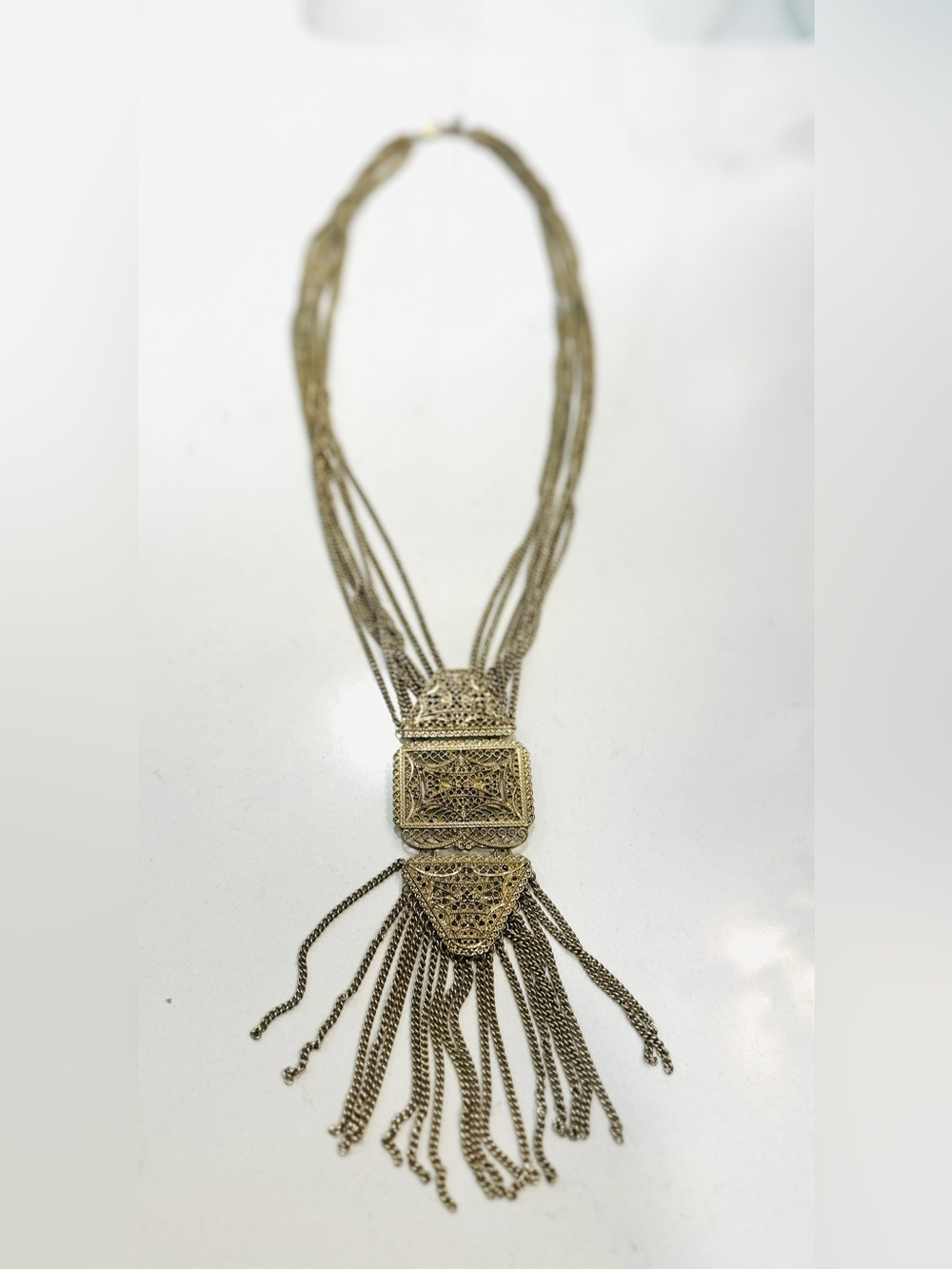 Chunky Boho Gold Tone Multi Strand Filigree Tassel Statement Necklace - Picture 6 of 11